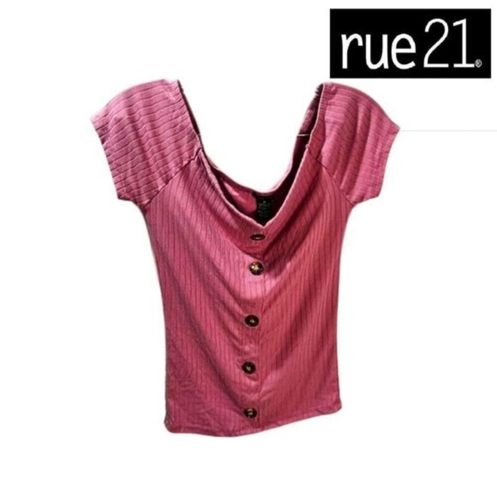 Rue 21 Womens Ribbed Fitted Faux Button Short Sleeve Blouse Top